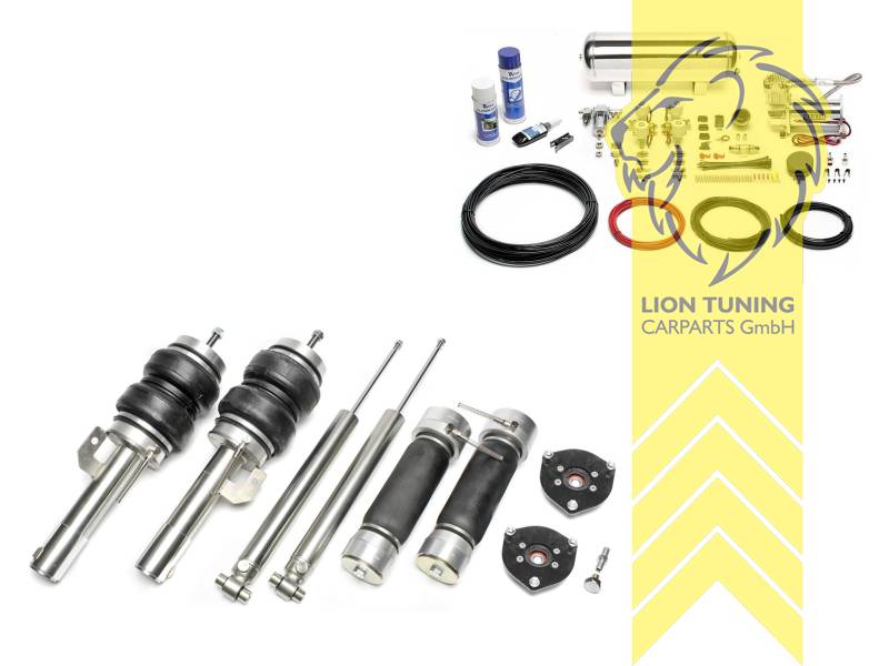 Nur für Fahrzeuge mit Mehrlenker-Hinterachse (Einzelradaufhängung)., 11,5L Tank chrom / ViAir Kompressor chrom, Zug- und Druckstufe gleichzeitig einstellbar, weiss, Wir empfehlen die Verwendung kürzerer Koppelstangen, Für Fahrzeuge mit einem Federbeinklemmdurchmesser an der Vorderachse von 50mm oder 55mm ( Adapterhülse liegt bei ), auch für Allrad Modelle, Stahl verzinkt, Eintragungspflichtig / Teilegutachten wird nach Kauf spezifisch ausgestellt